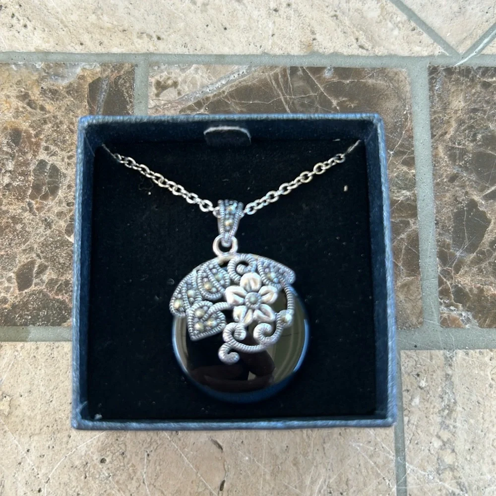 Black Onyx, Marcasite, Sterling Silver Pendant Made in Thailand.